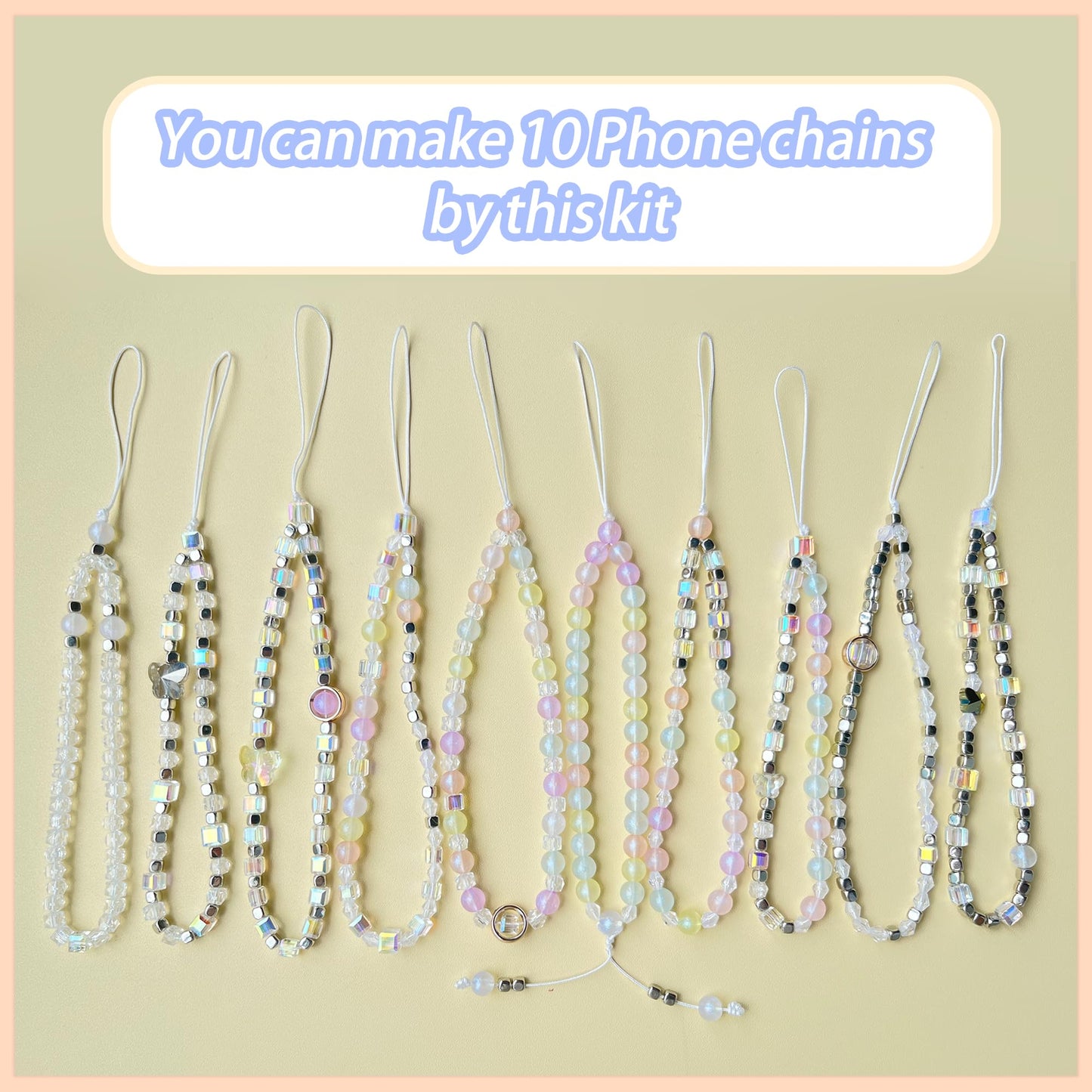 AOUXSEEM Beaded Mobile Phone Chains Making Kit, Can Make 10 Pcs Cell Phone Wrist Straps, Assorted Crystal Diamond/Butterfly/Metal/Round Beads for Girls DIY Handmade Gifts