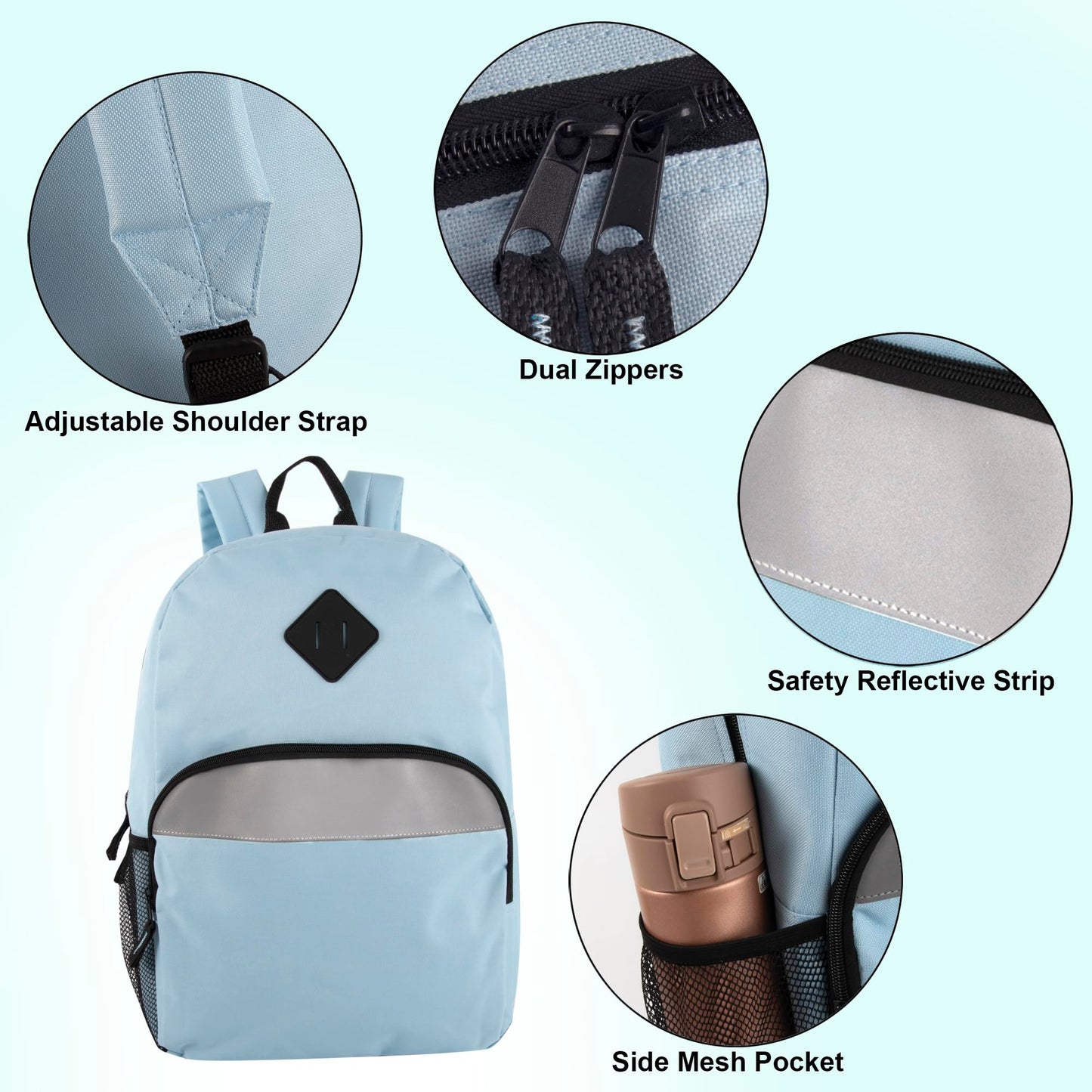 Trail maker Bulk Kids Reflective Backpack Wholesale 24 Pack Backpacks with Side Pockets, Padded (10 Colors Pack)