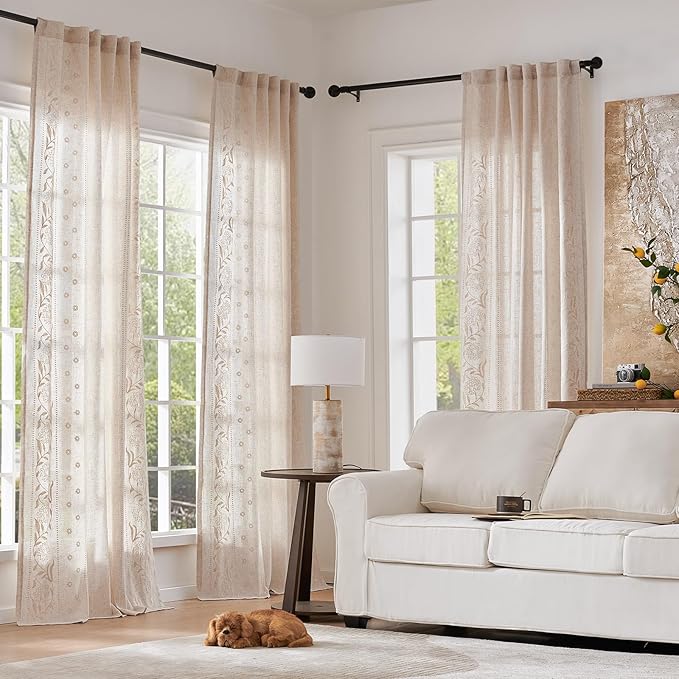 jinchan Winslow Linen Curtains for Bedroom 90 Inches Length Embroidered Bordered Floral Curtains for Living Room Farmhouse Decor Light Filtering Window Treatments Ivory on Beige Drapes 2 Panels