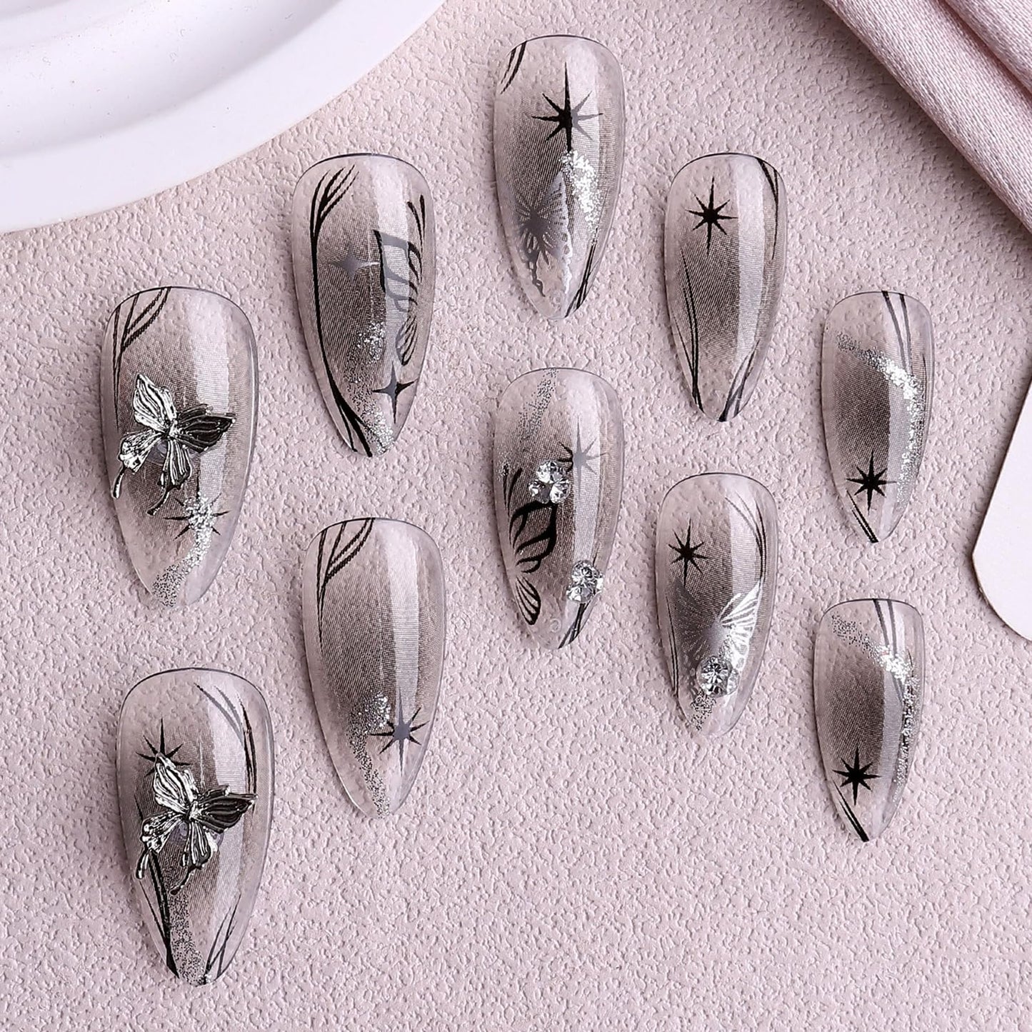 Long Press on Nails Almond Fake Nails 3D Butterfly Stick on Nails Black Glitter False Nails for Women Manicure Decoration 24Pcs
