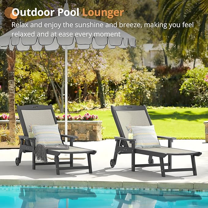 LUE BONA Chaise Lounge Chair Outdoor Set of 2, HDPS and HDPE Wicker Material, Patio Chaise Lounge with Adjustable Backrest, Resin Pool Lounge Chairs with Wheels for Backyard, Poolside and Deck