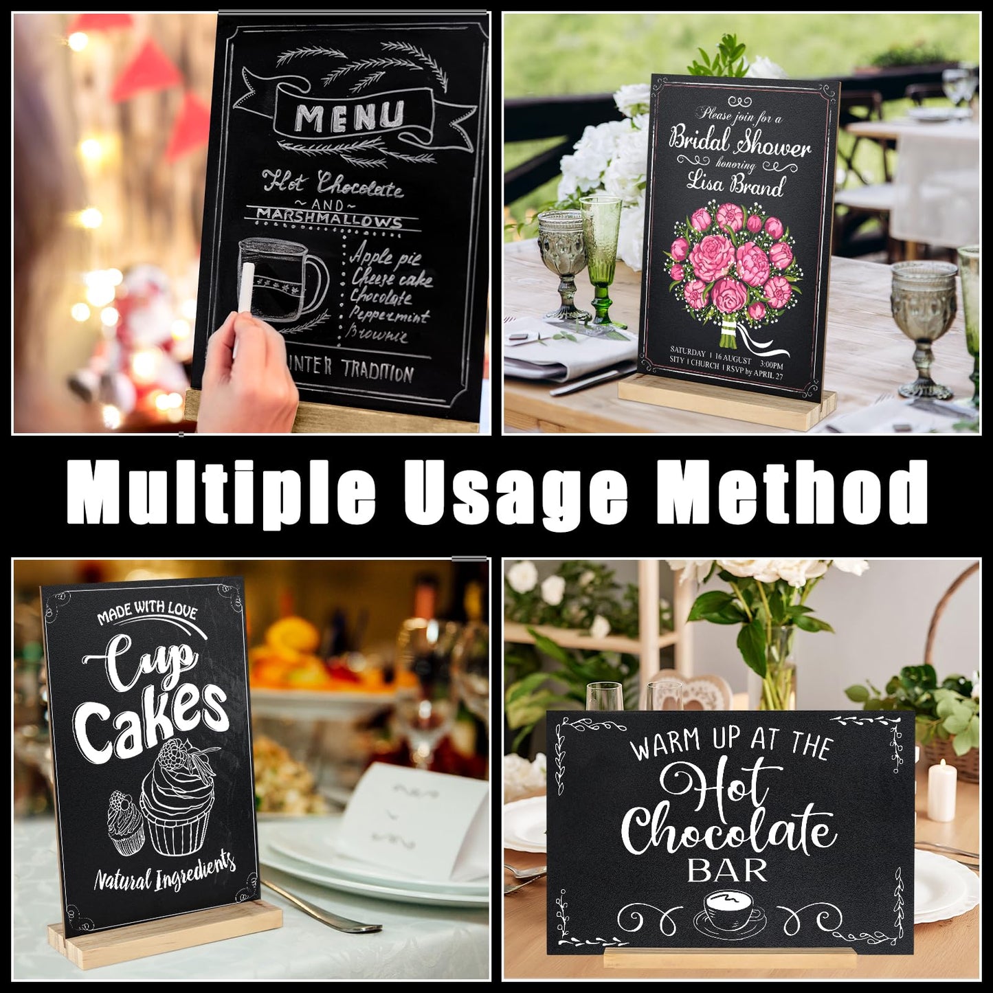 BOUBONI 3 Packs Small Chalkboard Sign 5.1x7.9 Inch With Wood Base - Double-Sided Message Boards Menu Stand for Kitchen, Wedding, Bar and Restaurant