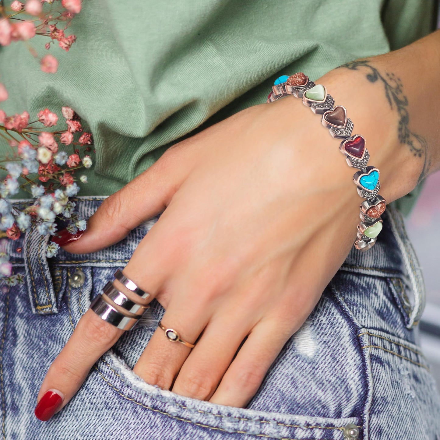 EnerCoppeX Copper Magnetic Bracelet for Women, Turquoise Detox Jewelry with 3500 Gauss Magnet (Type D)