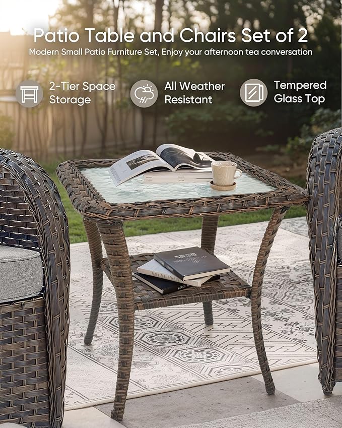 HUMMUH 3-Piece Outdoor Rocking Chairs,All-Weather PE Wicker Patio Rocker Chairs Bistro Set with Side Table,Porch Balcony Furniture with Cushions