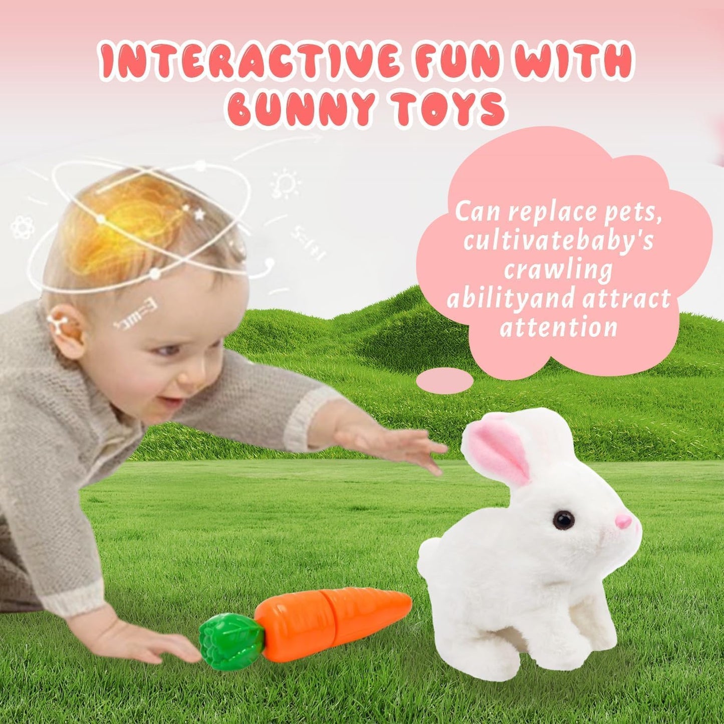 HOTKSOFT Easter Bunny Toy, Rabbit Interactive Hopping Electronic Pet Plush Bunny Toy with Sounds and Movements Animated Walking Wiggle Ears Twitch Nose (Brown+White)