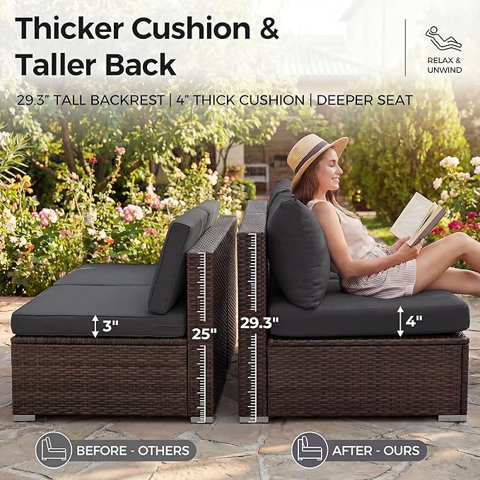 NICESOUL 6 Piece L Shape Outdoor Couch Set with Fire Pit Natural Gas/Propane, 29.3'' High Back Deep Wide Seated Patio Conversation for Deck, Wicker Patio Furniture Set, Brown Rattan and Grey Cushion