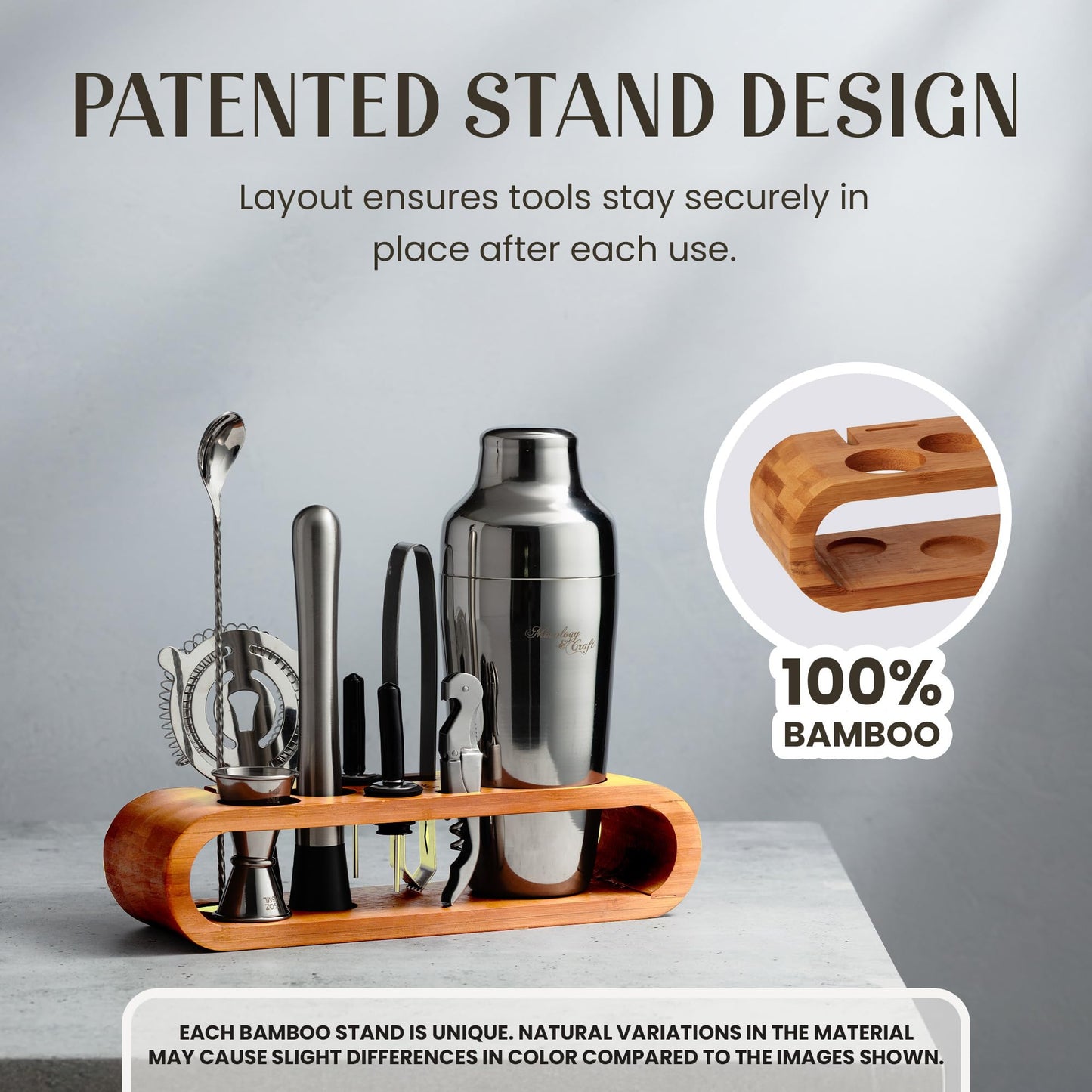 Mixology & Craft Cocktail Shaker Set with Bamboo Stand - Professional 10-Piece Bartender Kit - Complete Bar Set & Cocktail Mixer Kit for Home (Silver)