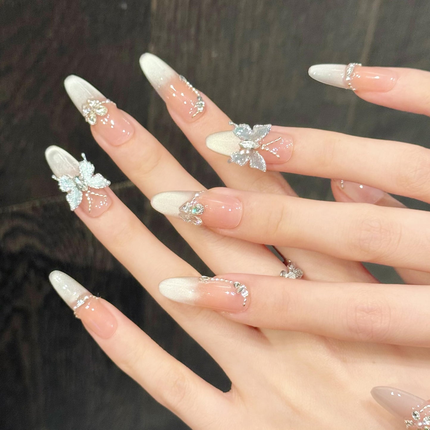 NEUQL Stiletto Elegant Almond Shaped Nails in Pink and White Embellished with Rhinestone Butterflies Handmade Stiletto Press on Nails 3D Luxury Press on Nails (S) - 10 Pieces