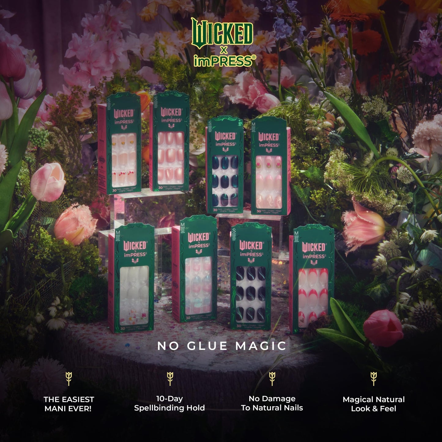 WICKED X imPRESS Press On Nails, New Improved Adhesive, Up To 10 Day Hold, ‘Unlikely Friendship’, Pink, Medium Almond, Includes 30 Fake Nails, 1 Prep Pad, 1 Manicure Stick, 1 Mini File
