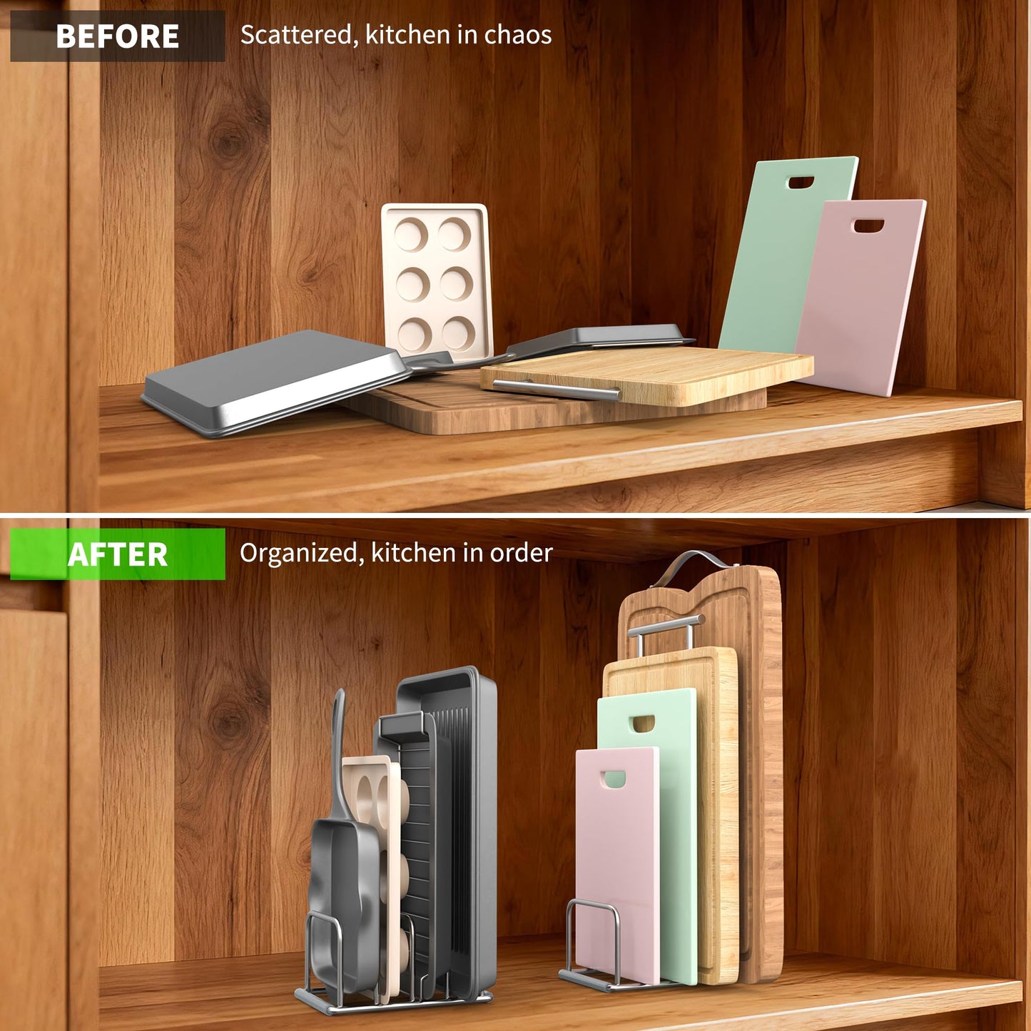 PLUVON Cutting Board Organizer-1.0in Wide Kitchen Cutting Board Holder Stand for Baking Sheets,Cookie Sheets with 4 Slots,304 Stainless Steel Baking Sheet Oragnizer(1.0 Inch Width Slots)