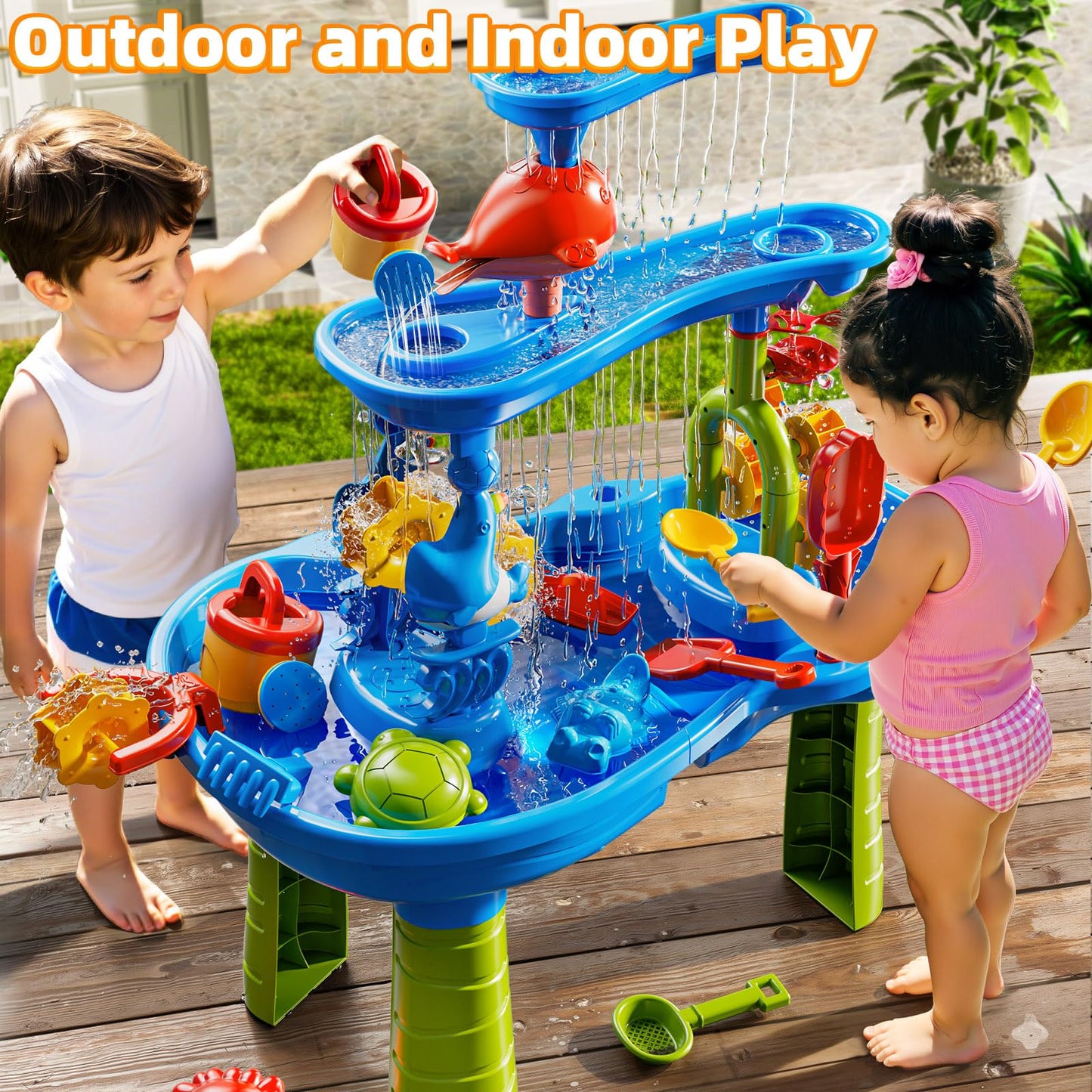 DULONIME 3-Tier Sand and Water Activity Table for Kids 3-8, Sensory Play Table with Waterfall Design & Beach Toy Set, Outdoor Backyard Playset for Toddlers 2-6, Great Birthday Present