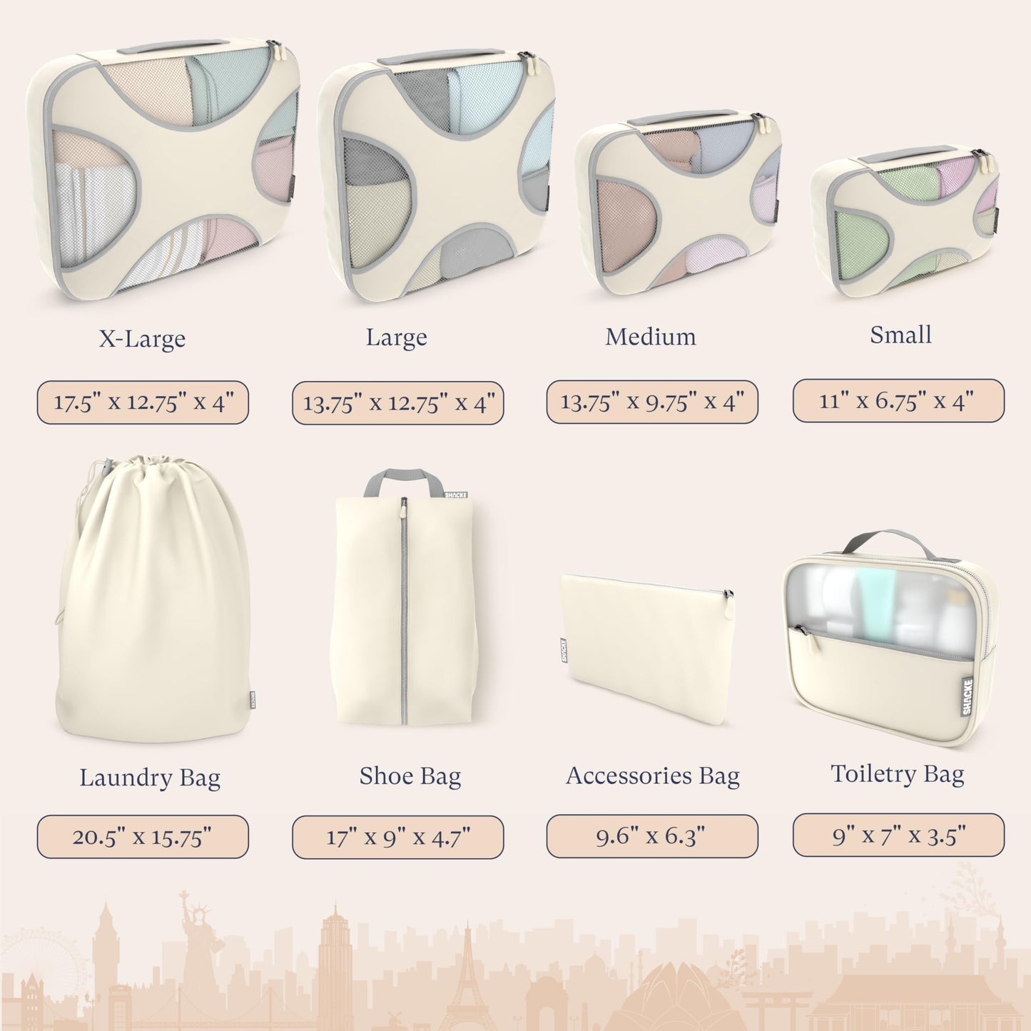 Shacke Packing Cubes for Travel 8 Set - Premium Luggage Organizer Bags - Versatile Travel Organizer for Women and Men - Optimized Packing Bags - Travel Essentials (Sand)