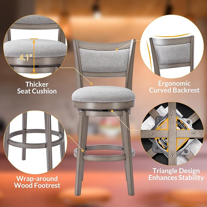 PrimeZone Swivel Bar Stools Set of 2, 26 Inch Counter Height Barstools, High Back Bar Stool with Solid Wood Legs & Wrap-Around Footrest, Counter Stools for Kitchen Island, Pub, Grey