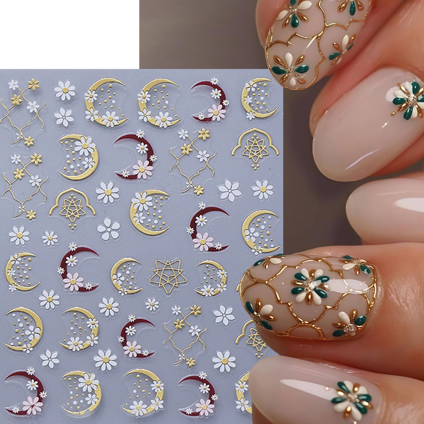 6 Sheets Daisy Moon Nail Art Stickers Flower Nail Stickers White Flower Nail Decals Cute Daisy Nails Supplies Gold Rose Gold Moon Daises Nail Design for Spring Summer DIY Nail Decorations Accessories