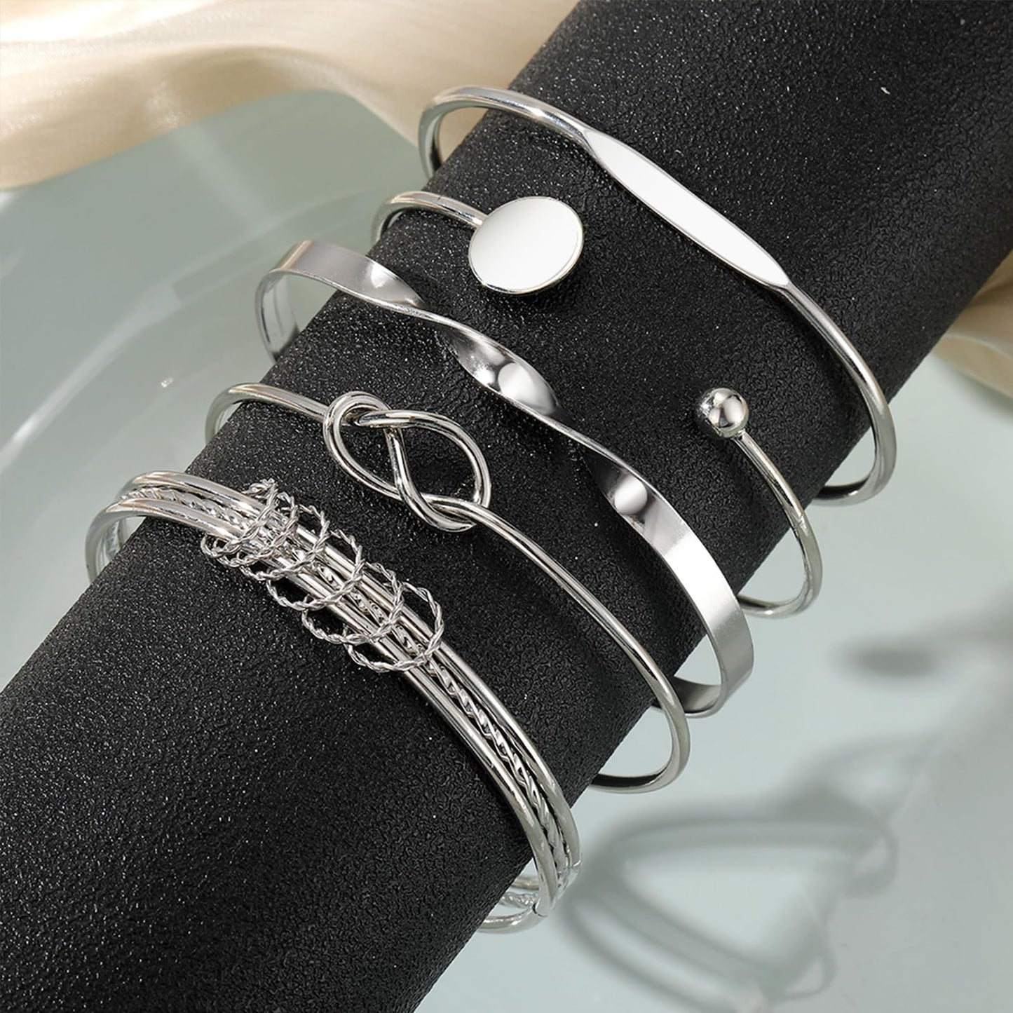 IFKM Silver Bangles Bracelets For Women, Silver Plated Multi Layer Stackable Cuff Bracelet Set, Trendy Elegance Charms Non Tarnish Minimalist Textured Boho Jewelry Gift for Women