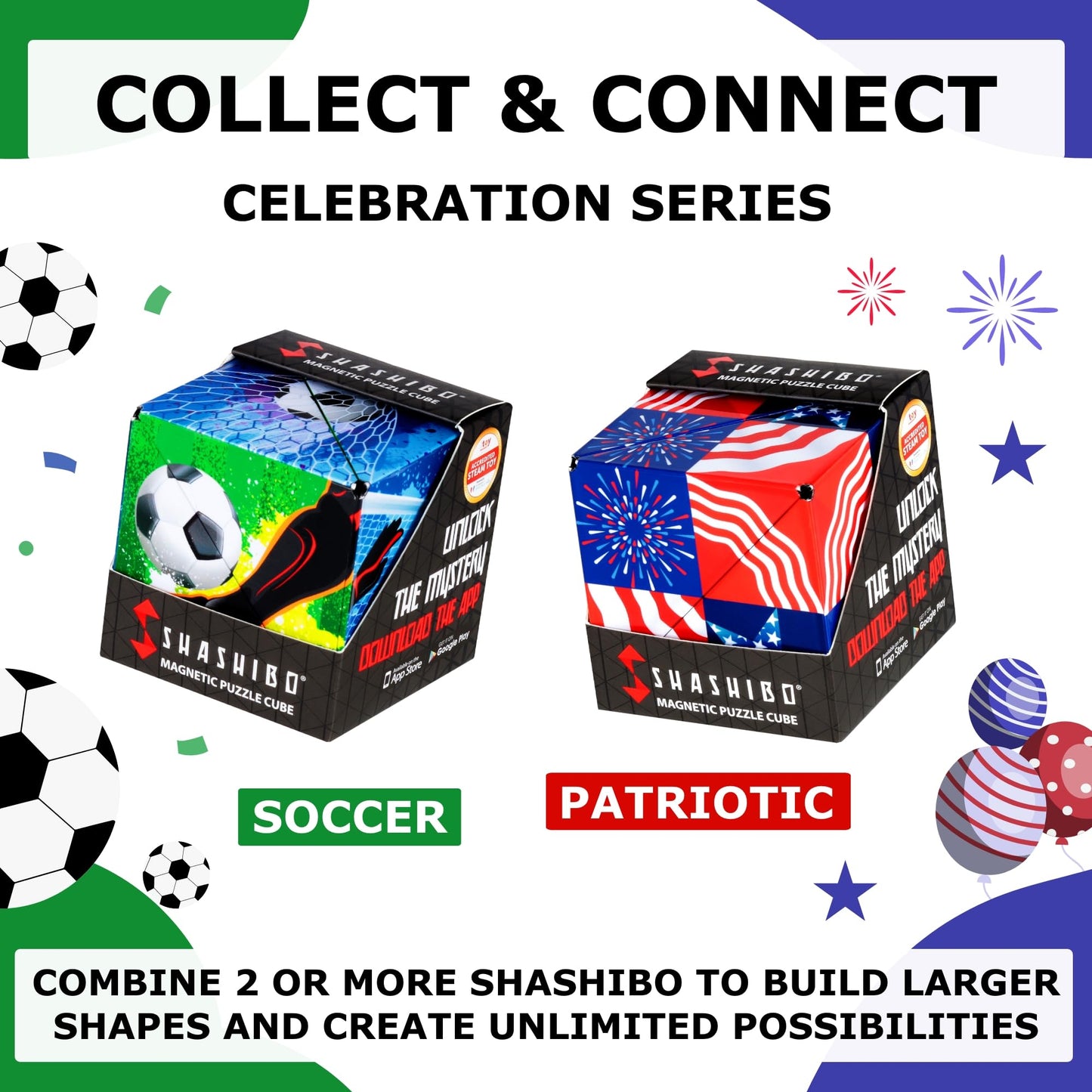 Shashibo Shape Shifting Box – STEM Fidget Toy with Ultra Strong Magnets, Puzzle Cube Transforms into 100+ Shapes, Sensory Gift for Kids, Teens, and Adults (Soccer)