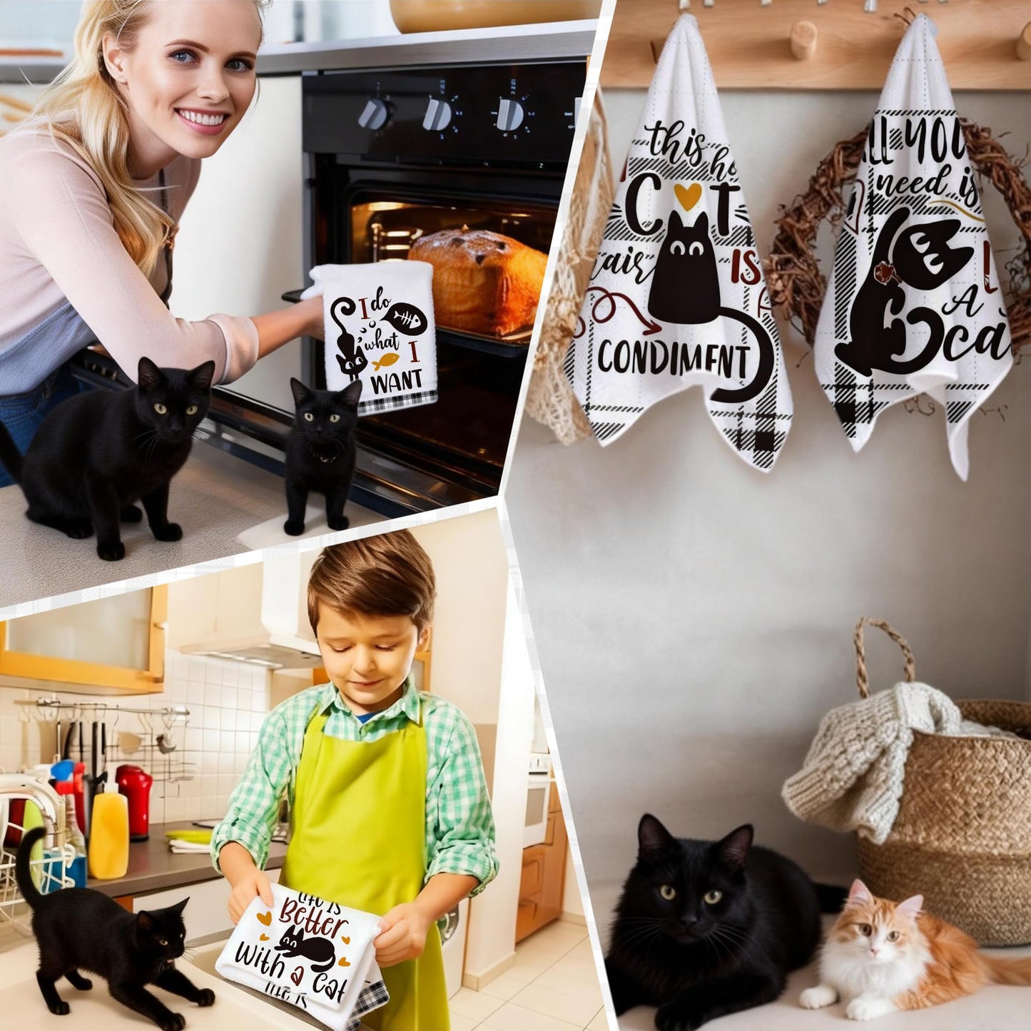 Vetoxka 4 PCS Black Cat Decor Kitchen Towels - Set Quick Drying Cute Hand Tea Dish Towel for Accessories Checkered Funny Saying Kitty Plaid for Cat Lover Home Decorations Bathroom Housewarming Gifts