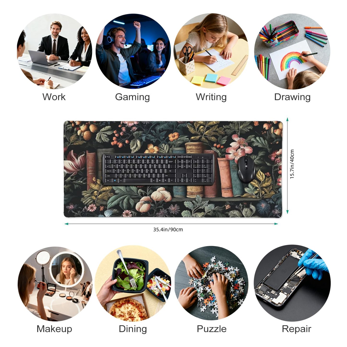 Dark Academia Desk Mat, Floral & Book Pattern XXL Mouse Pad with Anti-Slip Base & Stitched Edges, Large Desk Pad for Computer Keyboard, Office & Home Decor for Women