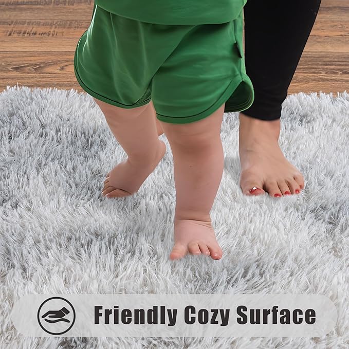 Ultra Soft Runner Rugs for Bedroom Hallways with Upgraded Non-Slip Rubber Backing & Thick Memory Sponge, 2 Packs 2x3 Feet Fluffy Shag Throw Area Rug for Bedside Dorm Tie-dye Light Grey