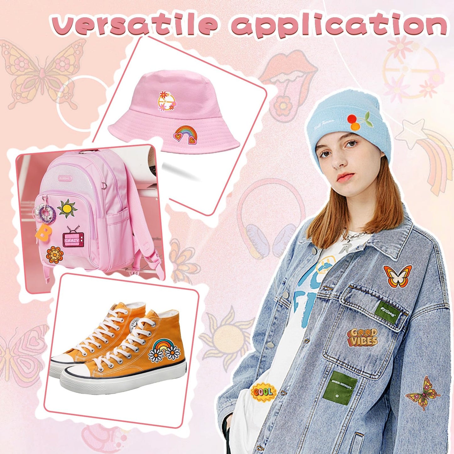 AUGSUN 60pcs Hippie Embroidered Patches Random Assorted Styles Hippie Theme Iron on Patches for Girls, Wonmen DIY Sew Applique Repair Patch Cute Sew on Patches for Backpacks Pants Clothes Jeans
