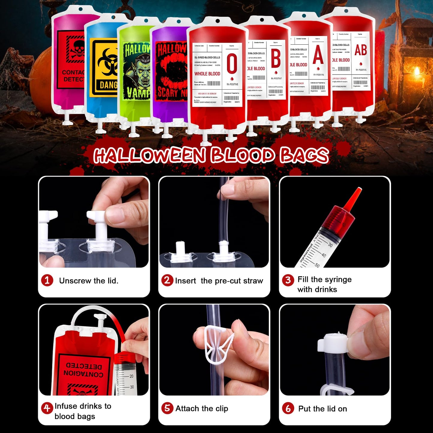MGparty 80 Pack Halloween Blood Bag Props, Refillable Pouches with Straws and Filling Tools, Spooky Accessories for Zombie Vampire Theme Party Supplies
