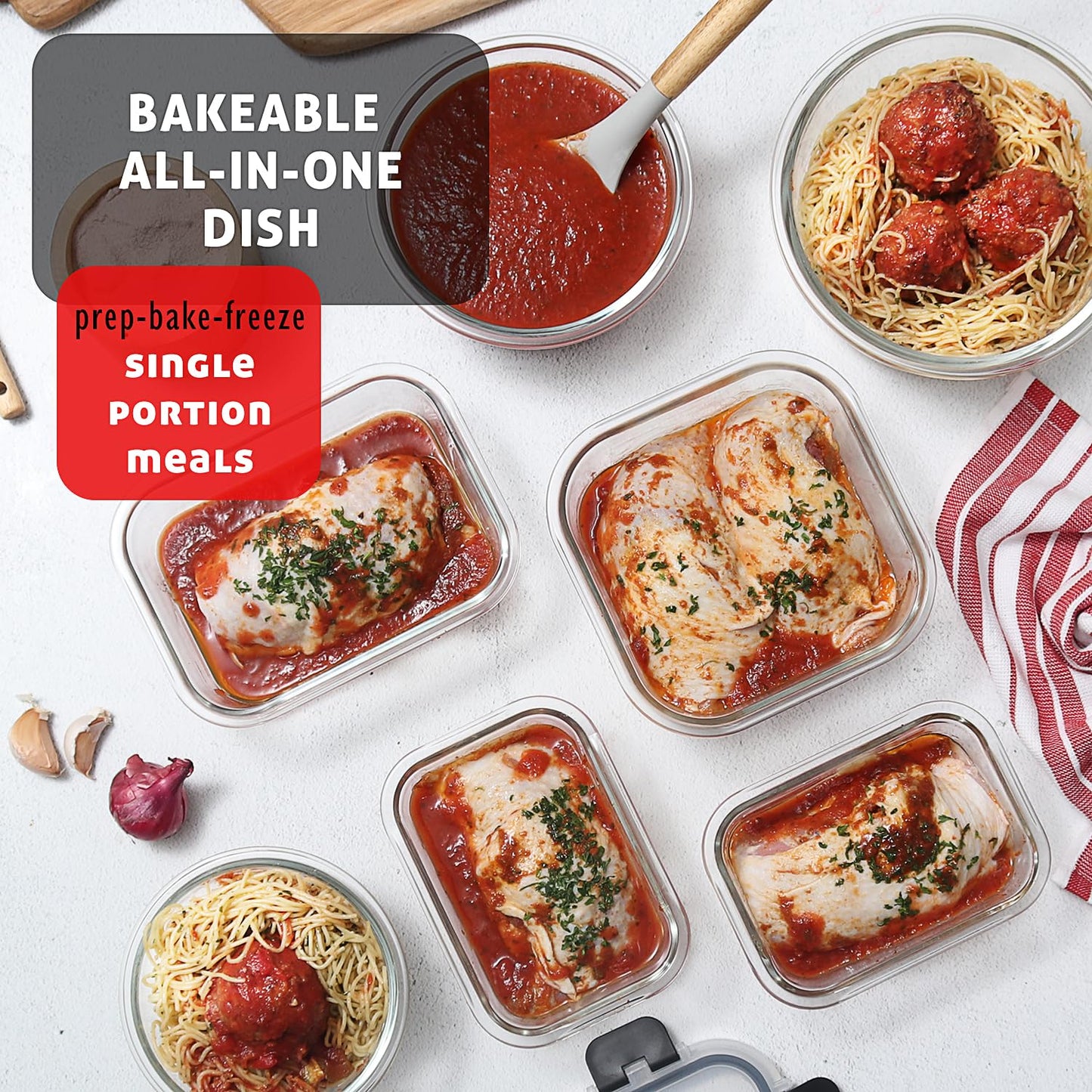 EATEX 48pc Glass Storage Containers with Lids, 24 Set Glass Food Storage Containers with 24 Airtight Lids, Pantry Kitchen Meal Prep Containers for Lunch, Freezer Storage Containers, Dishwasher Safe