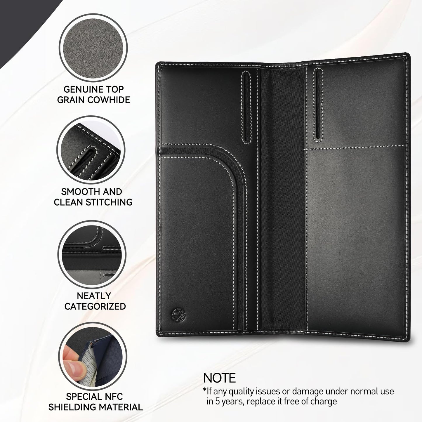 Travel Wallet Passport Holder RFID Blocking Genuine Leather Cover with Smart Tracker Slot RFID Passport Wallet for Family Use (Black)