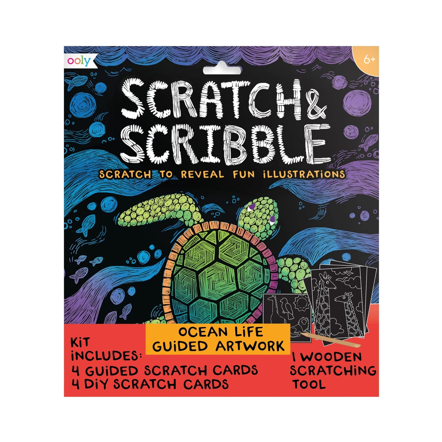 Ooly Scratch & Scribble 10pc Art Kit with 8 Total Scratch Cards (4 Illustrated, 2 Blank, 2 Rainbow) with Scratching Tool and Sparkled Stickers, Art Set Gifts for Kids - Ocean Life