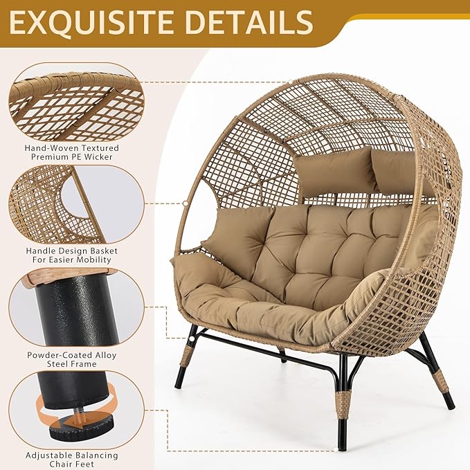 NICESOUL® Double Egg Chair Indoor Outdoor Stationary Oversized Thicken Padded Cushions,2 Person Egg Loveseat Chair, 680 lbs Extra Large Lounge Chair for Patio Balcony Porch Brown