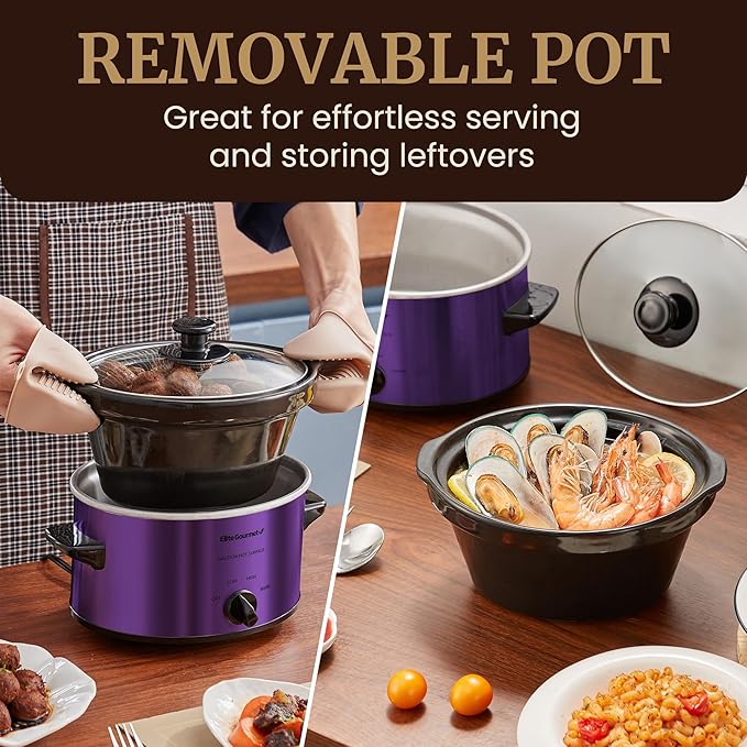 Elite Gourmet MST-275XP Electric Oval Slow Cooker, 2Qt Capacity, Purple