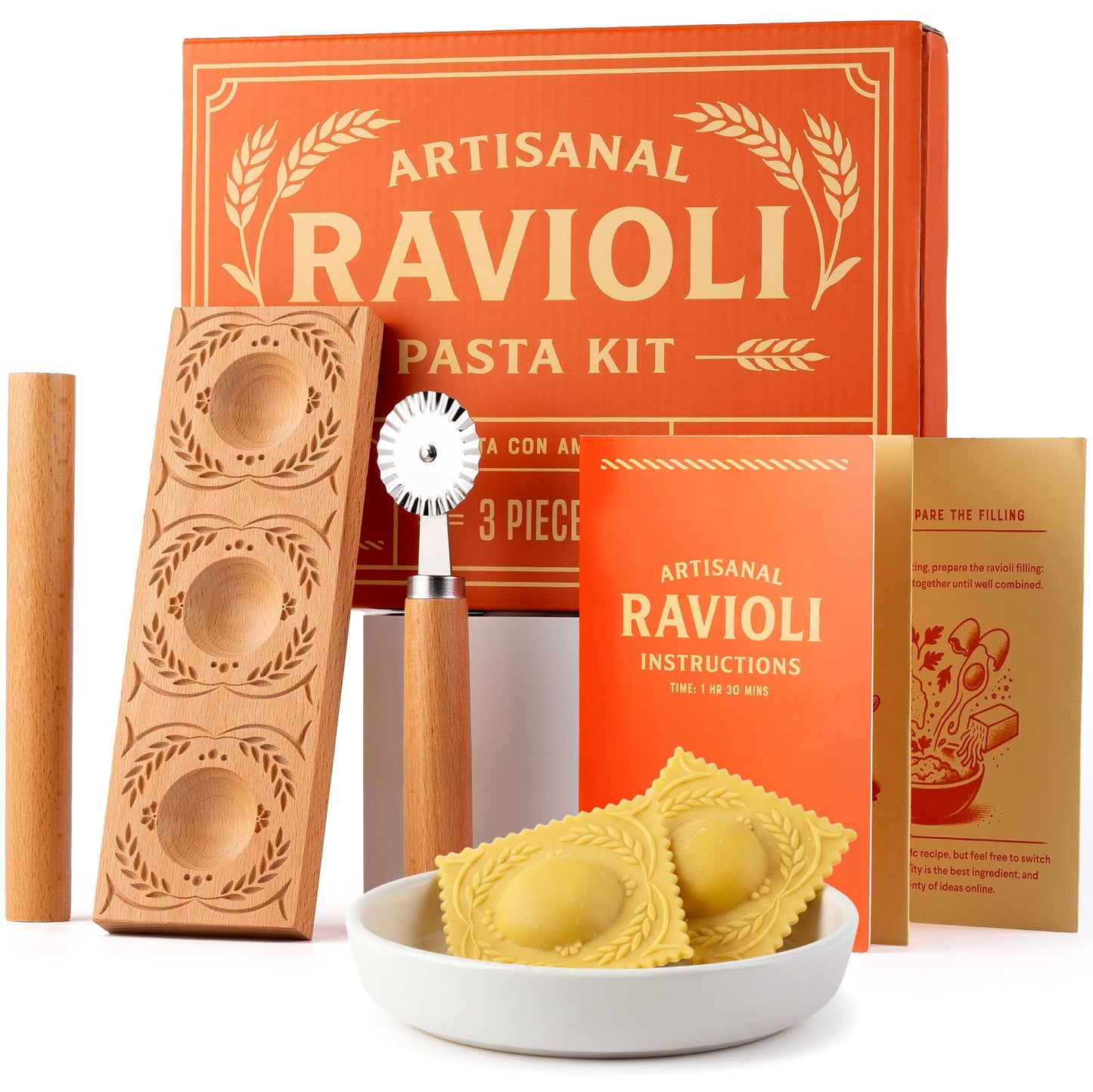 Cooking Gift Set Co. Artisanal Ravioli Maker Press, Wooden Ravioli Mold & Pasta Maker, Ravioli Press, Pasta Cutter Wheel, Ravioli Maker Tool, Guide Pasta Making Tools Set for Homemade Pasta (3 Piece)