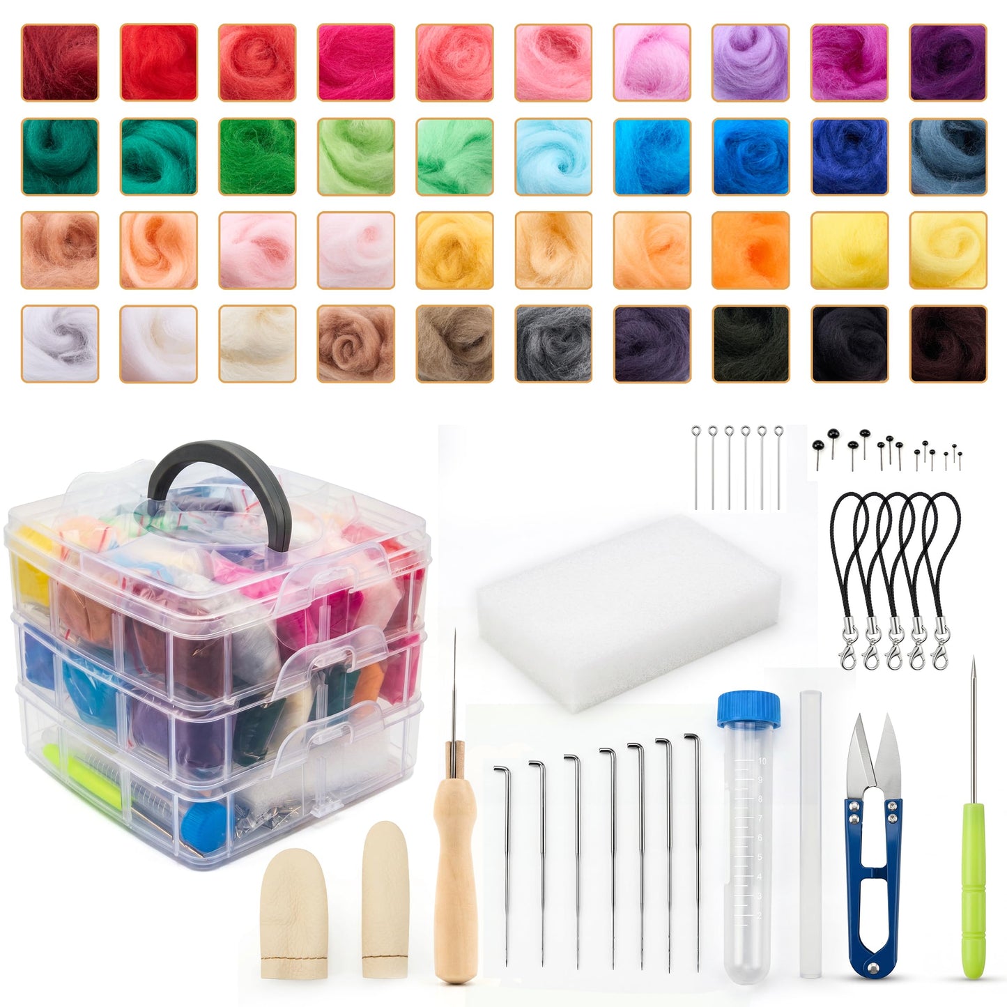 DF DUALFERV Needle Felting Kit with 40 Colors of Premium Felting Wool - Fluffy, Textured Wool Roving with Strong Plasticity for Felted Animal