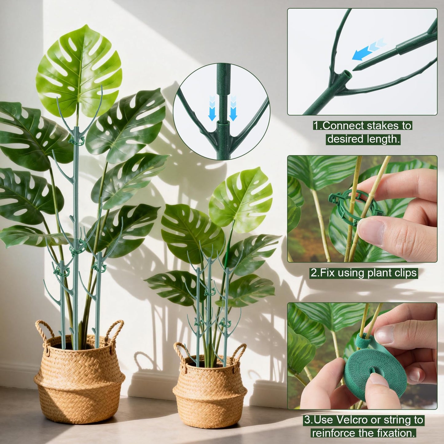 12pcs Plant Support Stakes, Monstera Plant Support Stakes for Indoor Plants with 20 Meter Binding Wire, 2 Meter Velcro Roll and 50 pcs plant clips, Perfect for Supporting Monstera and Climbing Plants