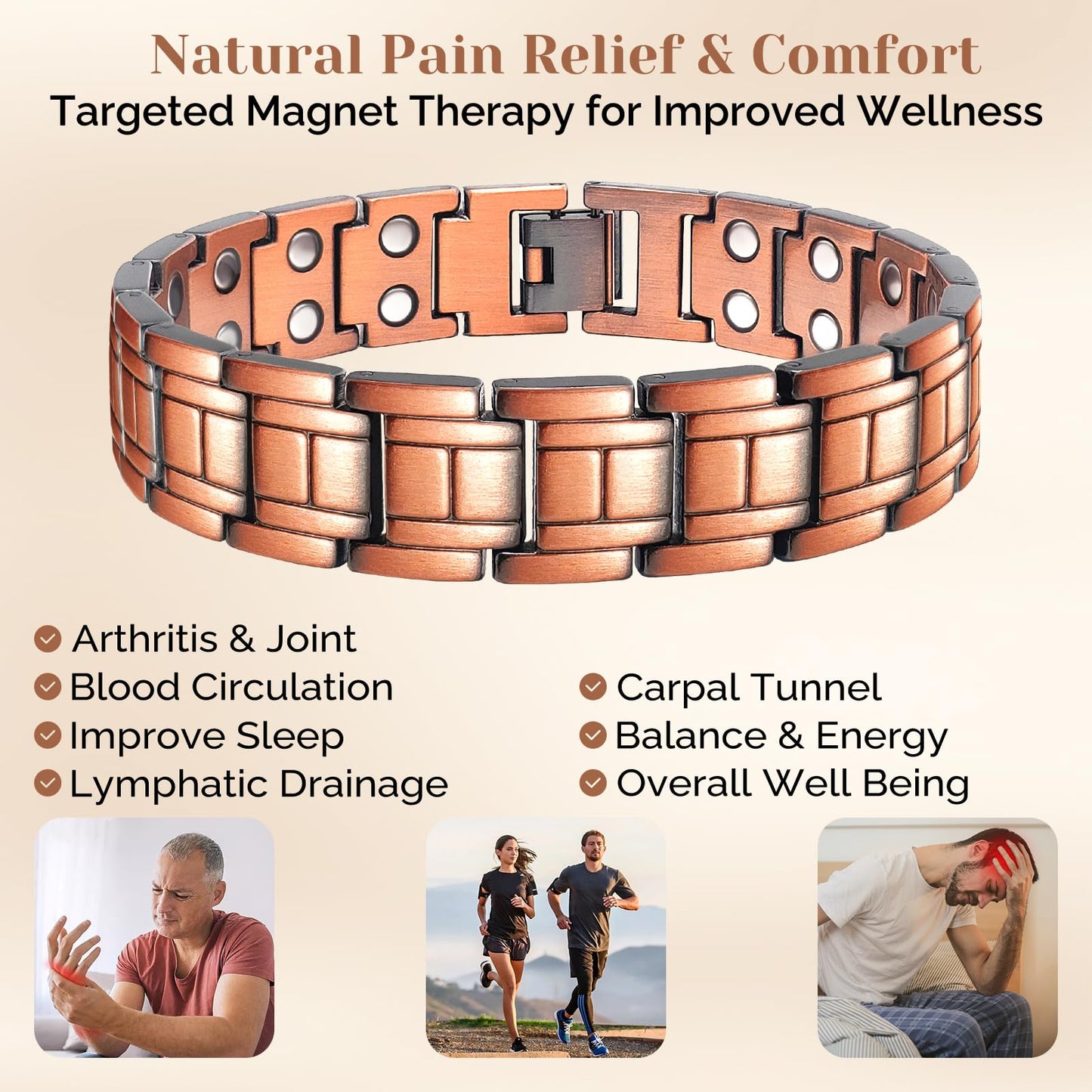 JEROOT Men's 99.99% Pure Copper Magnetic Bracelet, 3500 Gauss Magnets Adjustable with Sizing Tool