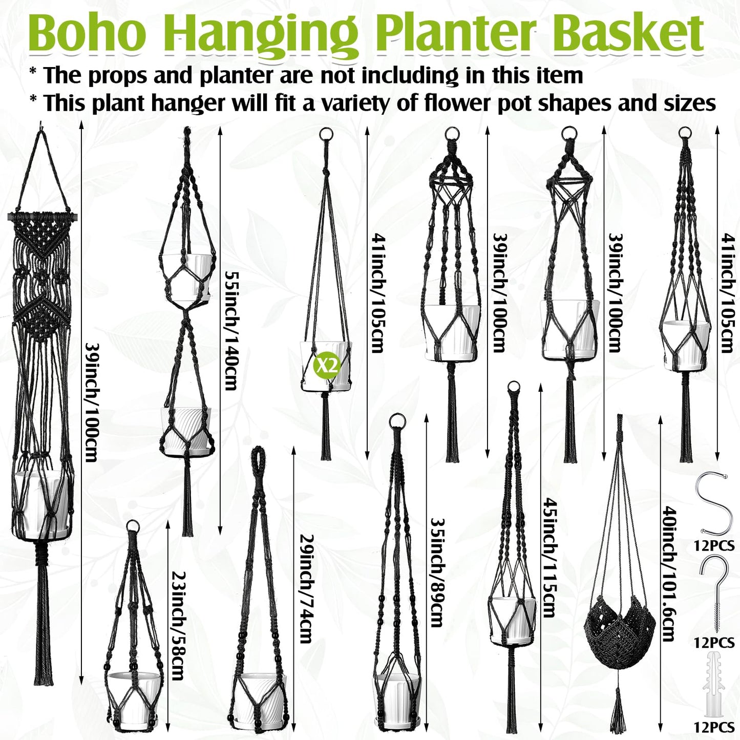 Hoteam 12 Pcs Macrame Plant Hangers Macrame Hanging Planters for Indoor Plants Handmade Boho Hanging Baskets Flower Pots Holder for Outdoor Home Wall Decor(Black)
