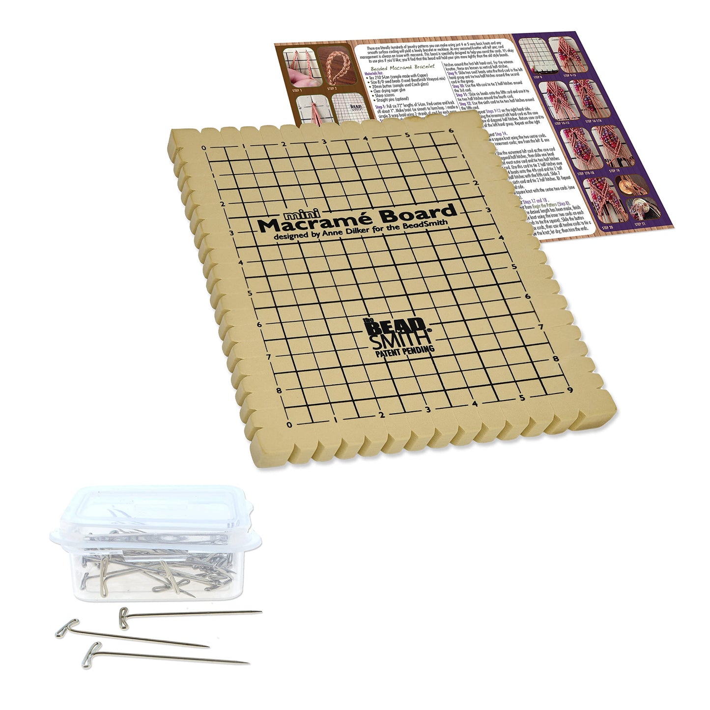 The Beadsmith Mini Macrame Combo - Bead Board 7.5 x 10.5 inches - Box of 40 T-pins 1.75 inches - Bracelet Project & Instructions Included - Ideal for securing & creating Macrame and Knotting Creations