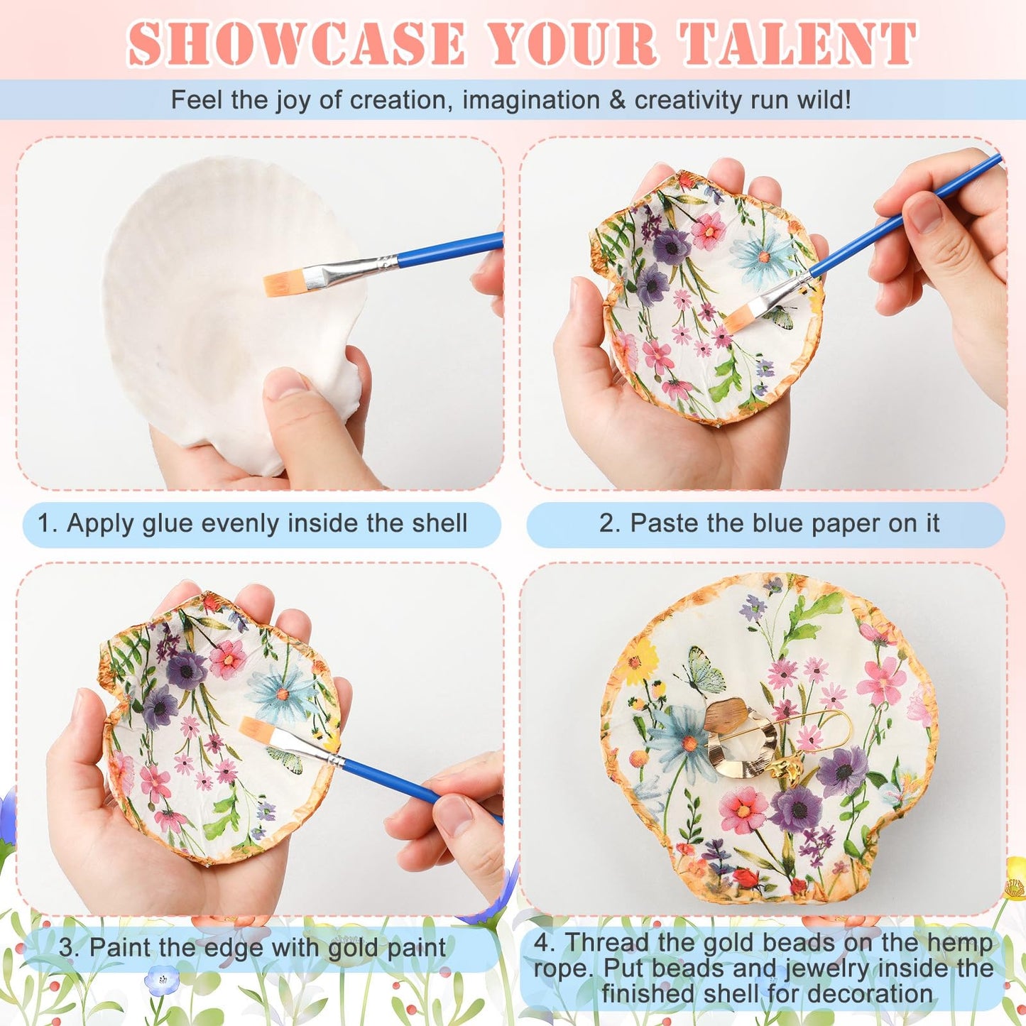 Gilprop 12 Pcs Large Scallop Shells for Shells Crafts 4''-5''with 24 Pcs Spring Wildflowers Decoupage Paper Napkin Acrylic Paint Strips Brushes Gold Bead for DIY Ornament Jewelry Tray