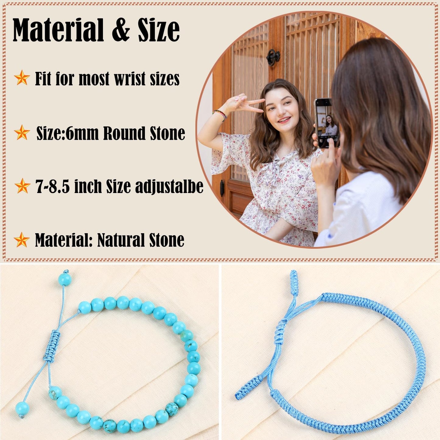 LPBeads 6mm Blue Turquoise Bracelet with Handmade Rope Bracelet Size Adjustable Stone Crystal Healing Bracelets Gifts for Unisex Adults