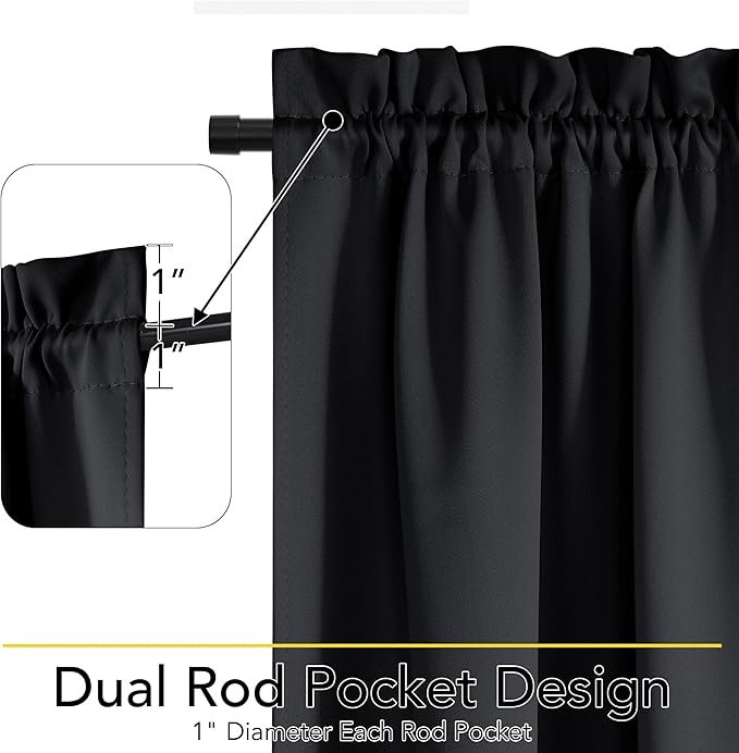NICETOWN French Door Curtains for Door Window, 100% Blackout Privacy Thermal Insulated Window Covering for French Front Glass, 1 Panel, Black, 25 x 72 inches Long