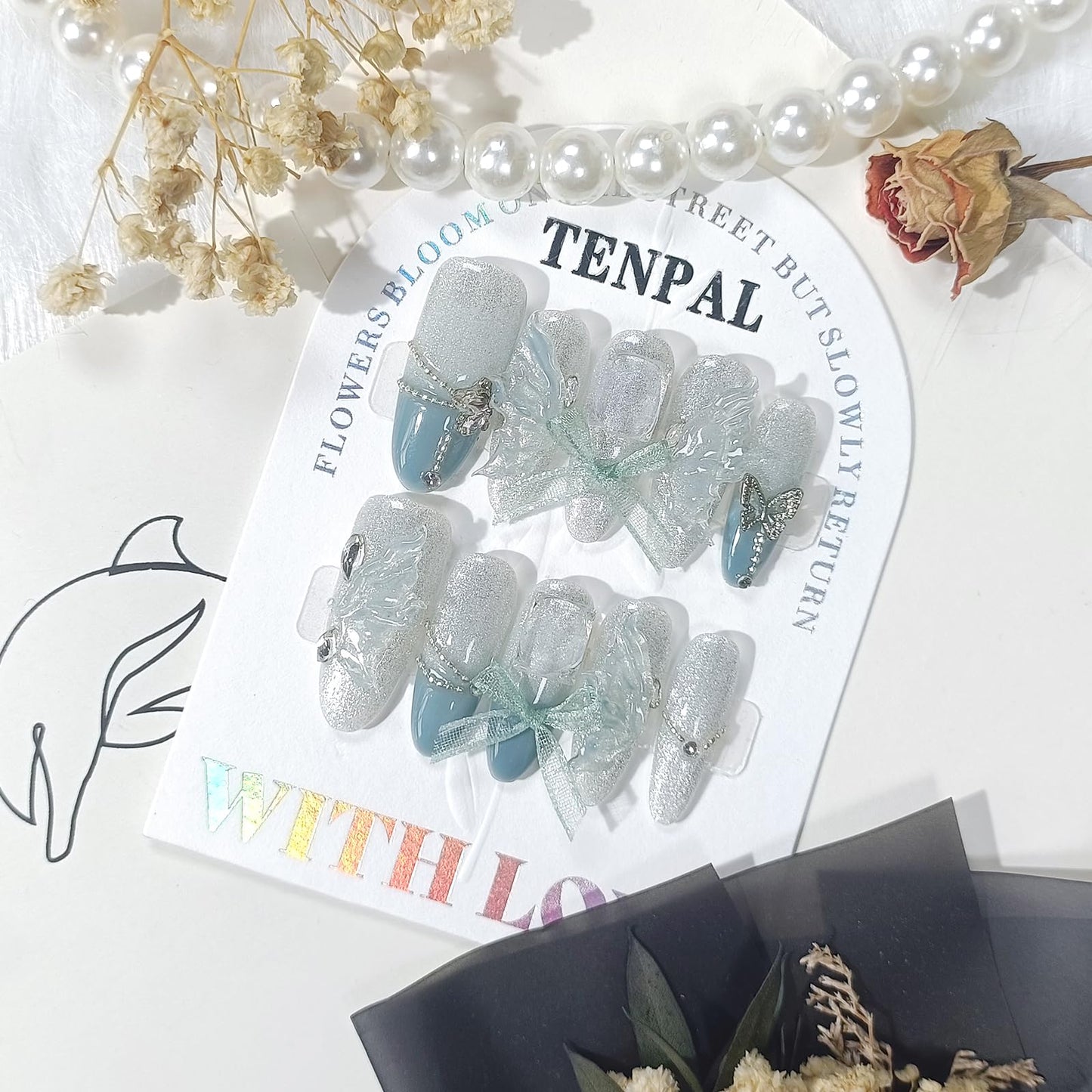 TENPAL French Tip Press on Nails Medium Almond Jade Green Butterfly Designs Fake Nails With Smoothie Cat Eye Handmade Acrylic False Nails Press Ons 10pcs/Box Ballet Nails For Women Spring Summer(S)