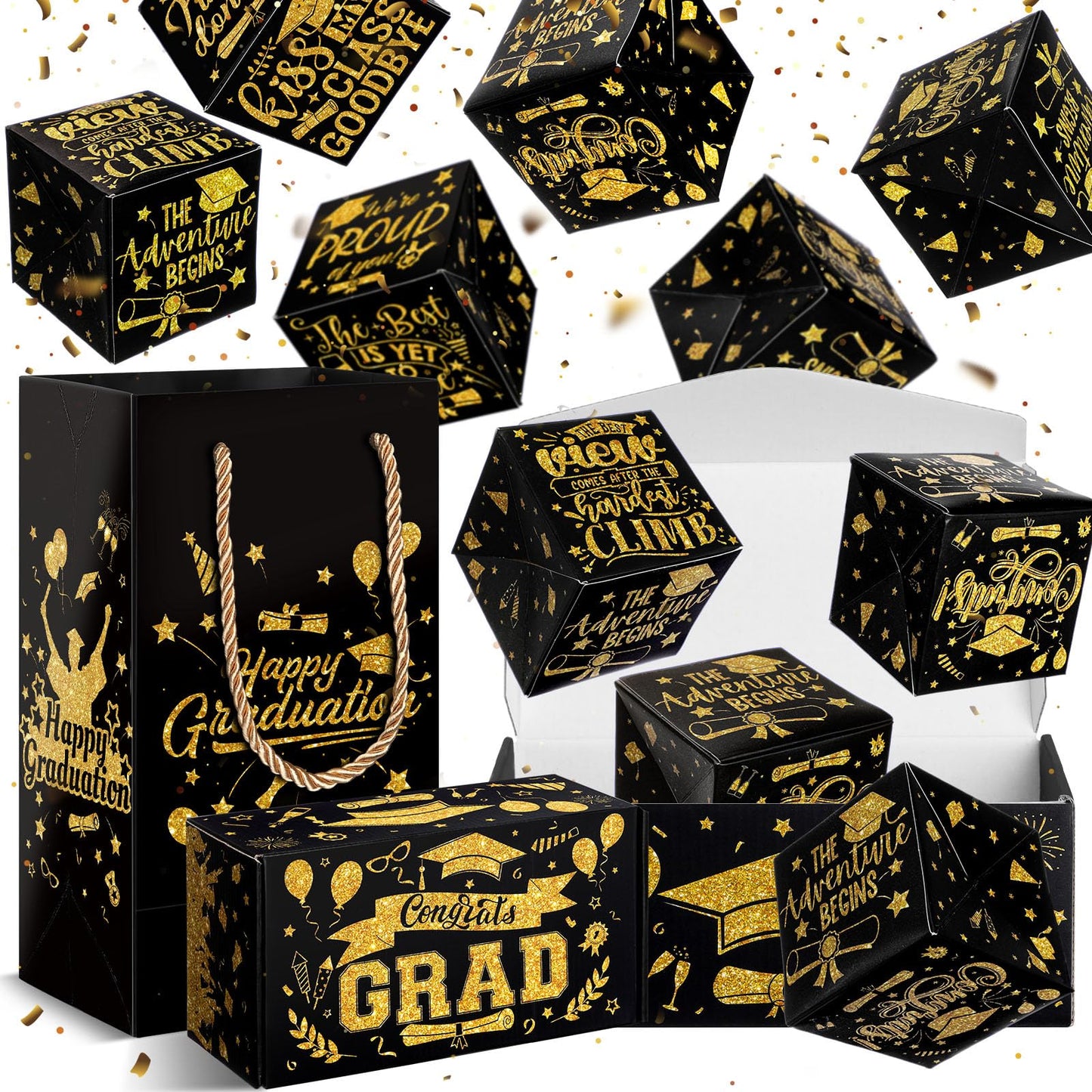 Tenceur 14 Pcs 2026 Graduation Explosion Gift Boxes 12 Bounces Exploding Money Box DIY Congrats Grad Folding Bouncing Gift Box Money Cash Explosion Gift Box for Grad College Party Favors(Black Gold)