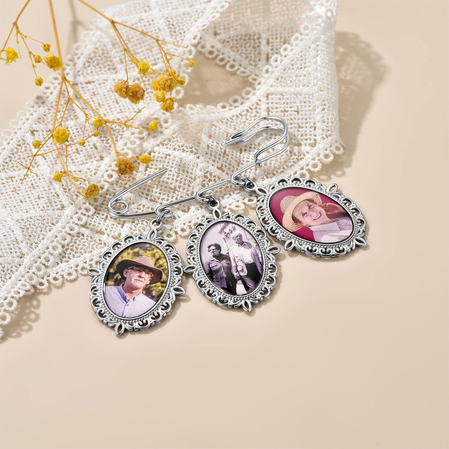 Custom4U Memory Charms for Wedding Bouquet Customized with 3 Pictures Custom Photo Brooch Pins Funeral Boutonniere Oval Shaped Charm Memorial Jewelry