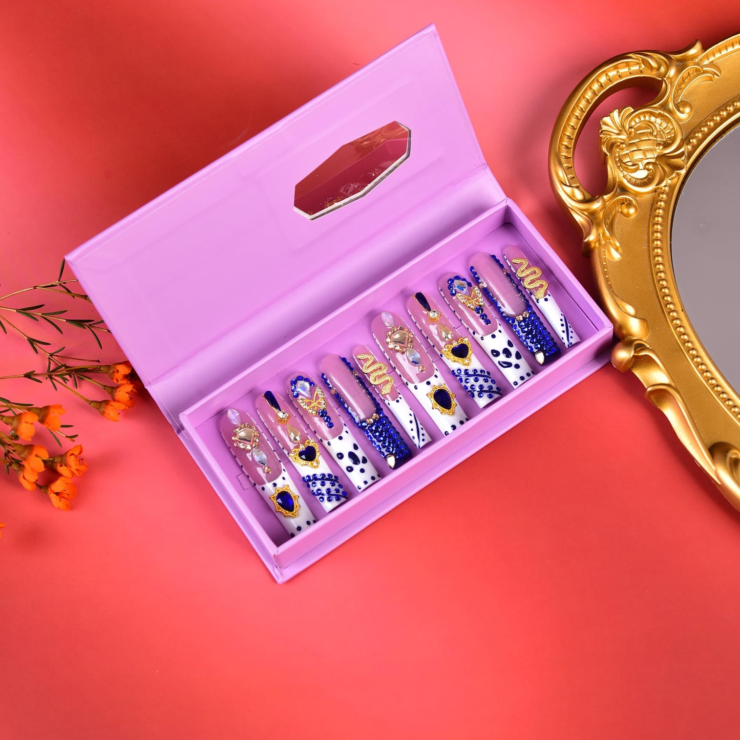 Tmani 10pc/set Extra Long Handmade Press On Nail Hot Girl's Long Ballet Square Nail Full of Diamond Glitter Decoration Fake Nails Suitable For Girls Festival Parties and Birthday Gift（437,Size-S)