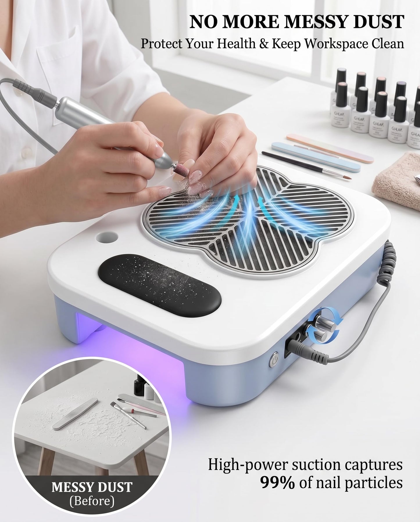 3-in-1 Nail Dust Collector & Electric Nail Drill File & UV LED Nail Lamp, Nail Kit Tech with Timer for Home Use Salon