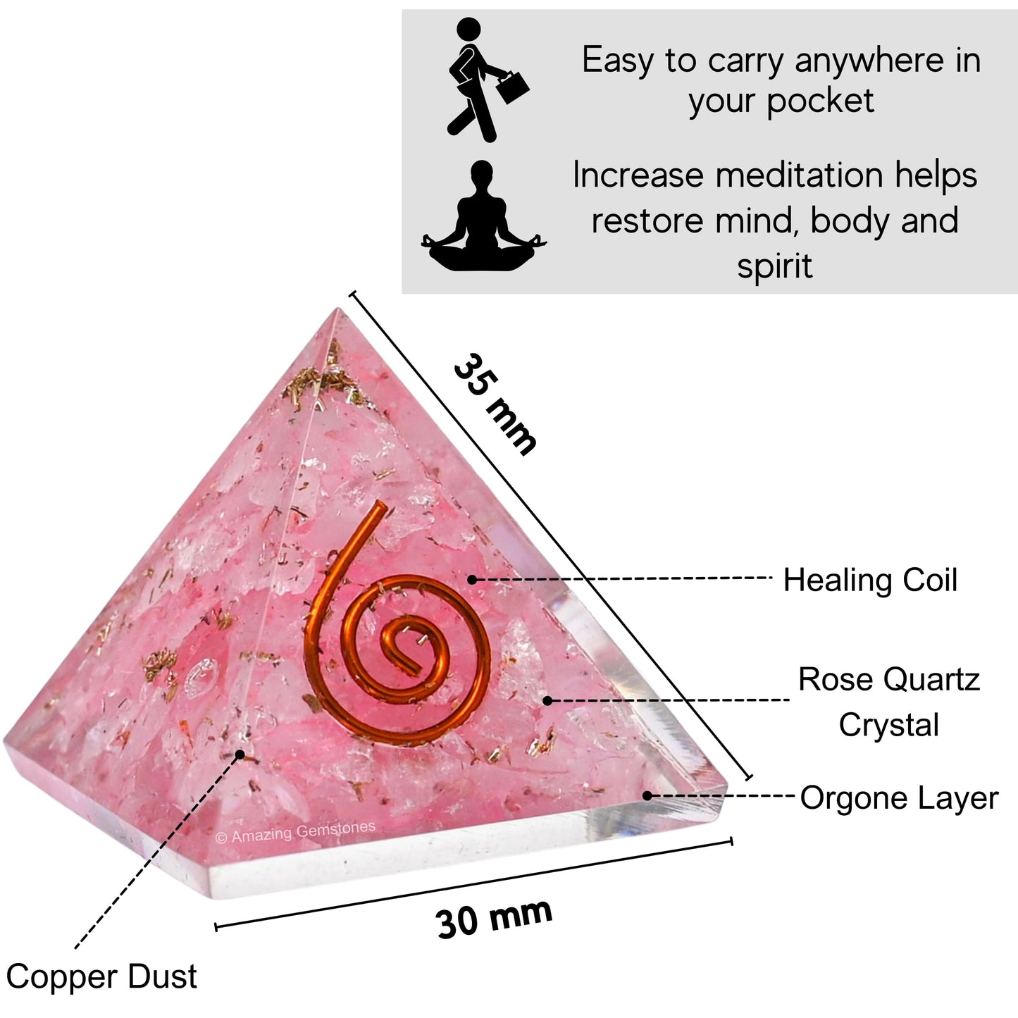 Amazing Gemstone Rose Quartz Orgone Pyramid - 30mm Small Orgonite Pyramids with Crystals and Healing Stones - Authentic Organite Gifts