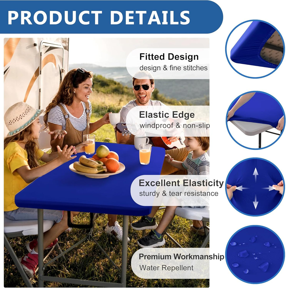 Fitted Tablecloth for 8 Foot Rectangle-2 Pack Royal Blue Elastic Outdoor Picnic Table Cover-Spandex Stretch Folding Table Cloths 8ft for Camping Dining Room Patio Kitchen Banquet Party