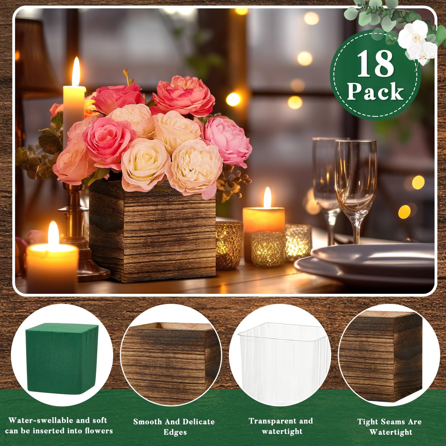 Dandat 18 Set Wood Cube Planter Box Square Wood Vase Rustic Cube Planter Box with Removable Plastic Liner Floral Foam Blocks for Centerpieces Home Wedding Garden Decor, Country Style (Brown)