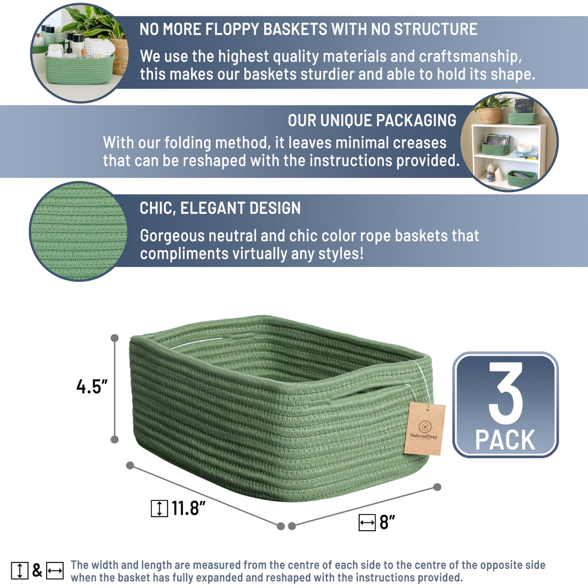 11.8"x8"x4.5” Rectangle Storage Baskets for Shelves 3 Pack (3 Count)