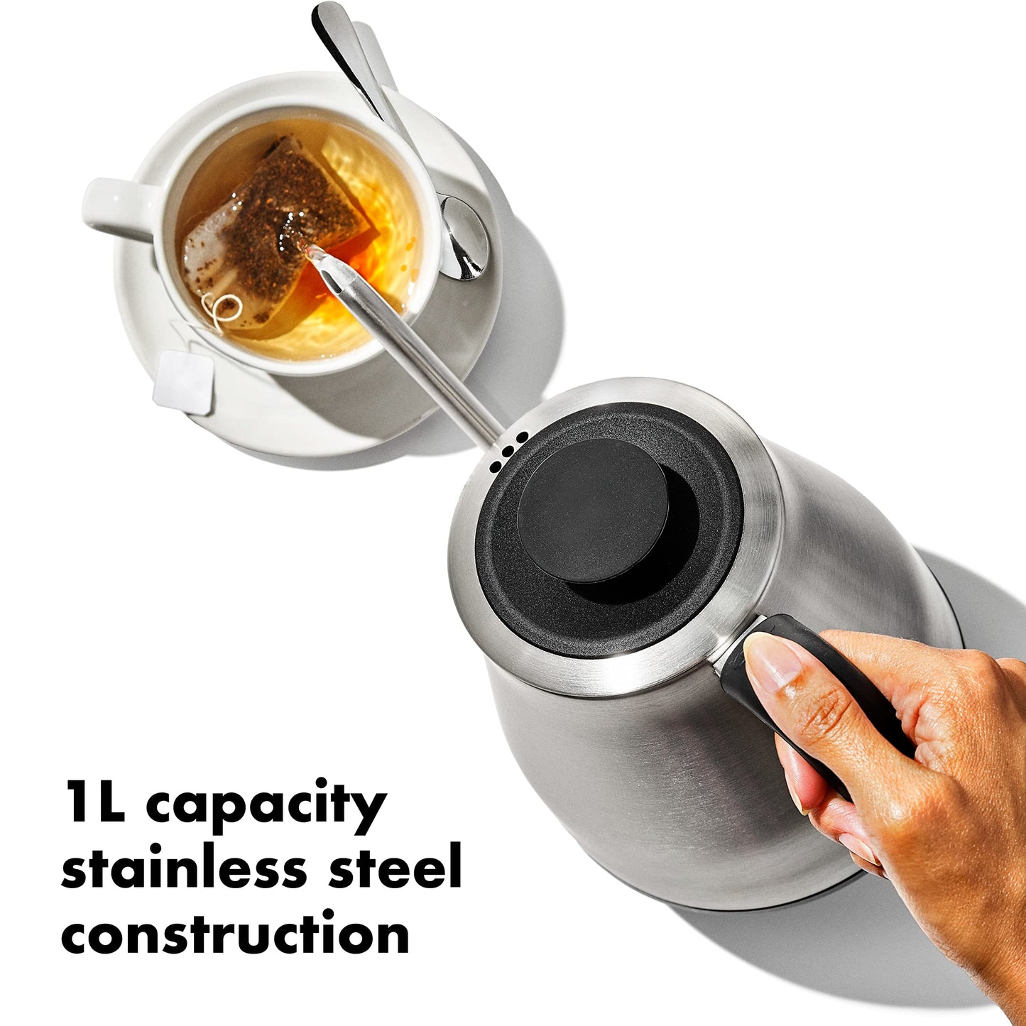 OXO Brew Gooseneck Electric Kettle – Hot Water Kettle, Pour Over Coffee & Tea Kettle, Adjustable Temperature, Built-In Brew Timer, Stainless Steel, 1L