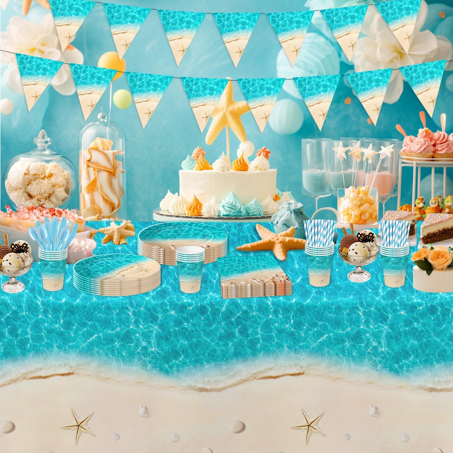 Srua Don Beach Party Decorations, Ocean Seashell Party Supplies, Plate, Cup, Napkin, Tablecloth, Cutlery, Banner, Ocean Beach Table Decorations For Birthday Baby Shower Wedding, Serves 24